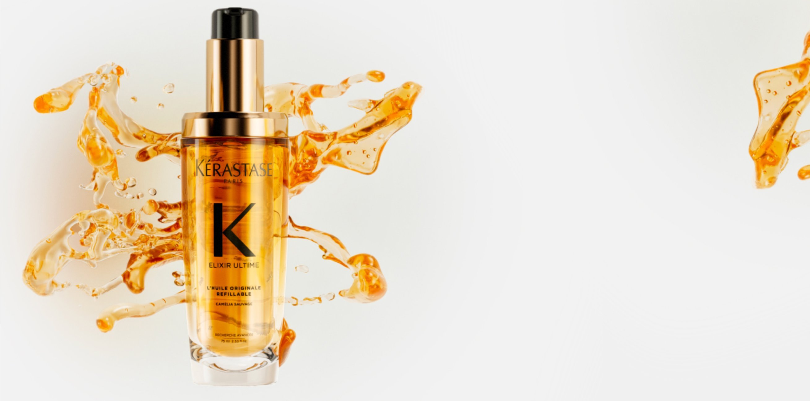 The Elixir Ultime hair mask and the new refillable Elixir Ultime hair oil are display on a pure beige background.